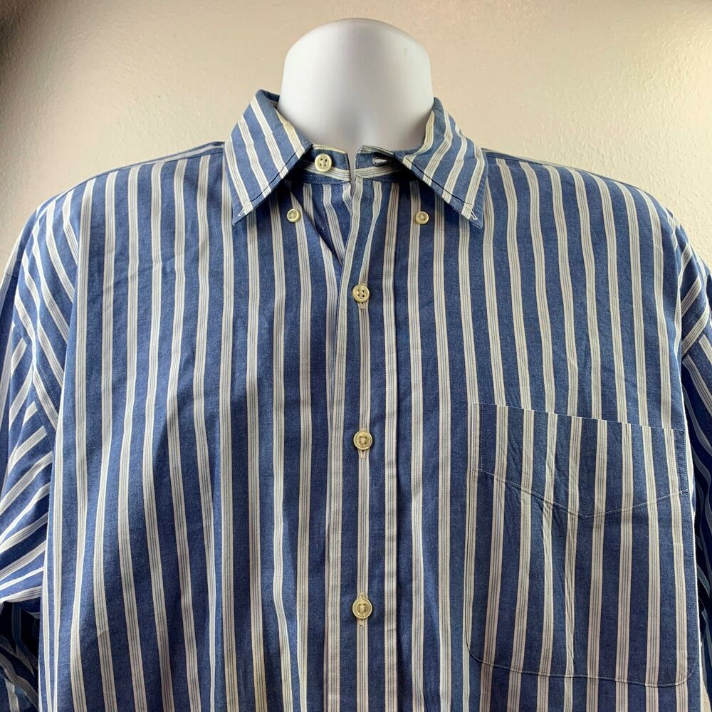 Ralph Lauren Button Front Men Dress Shirt Sz L Striped Blue Blake
